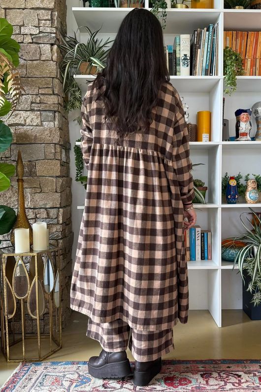 Nora Brushed Cotton Gingham Frock Coat Coffee Bean